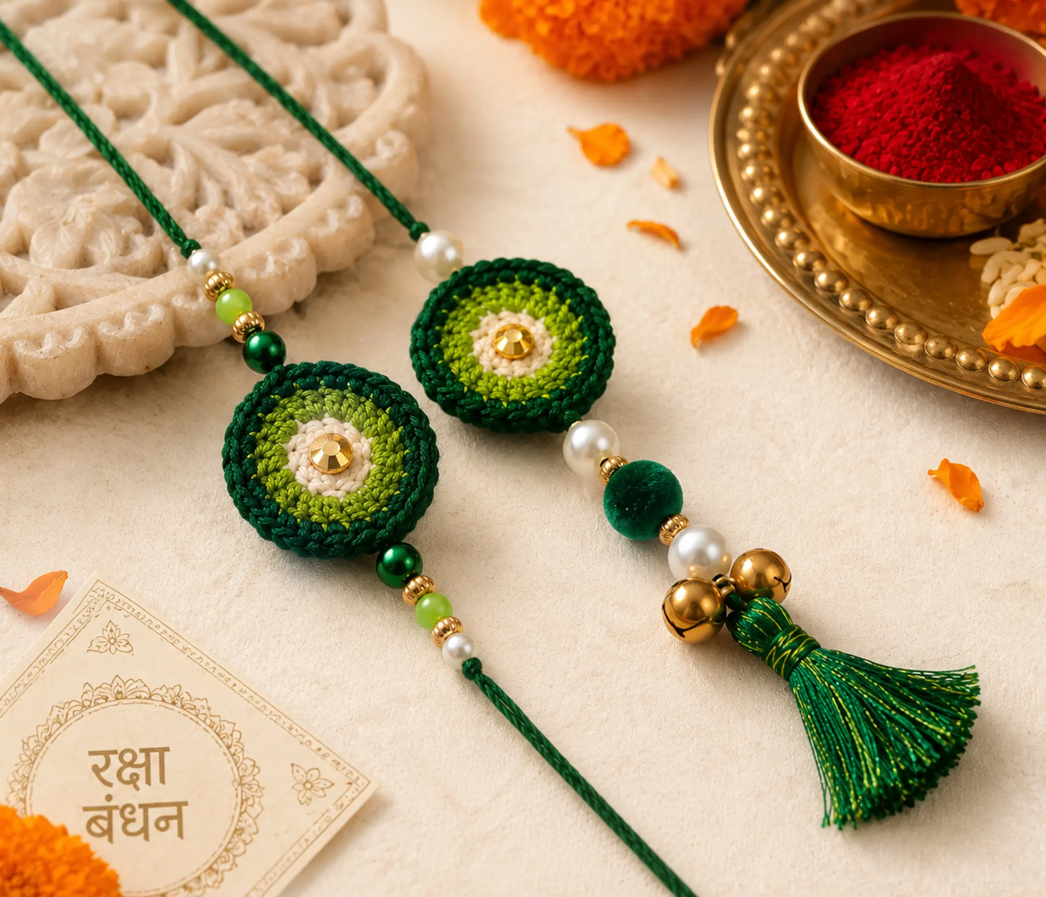 Handmade Concentric Green Crochet Bhai Bhabhi Rakhi Set for Raksha Bandhan